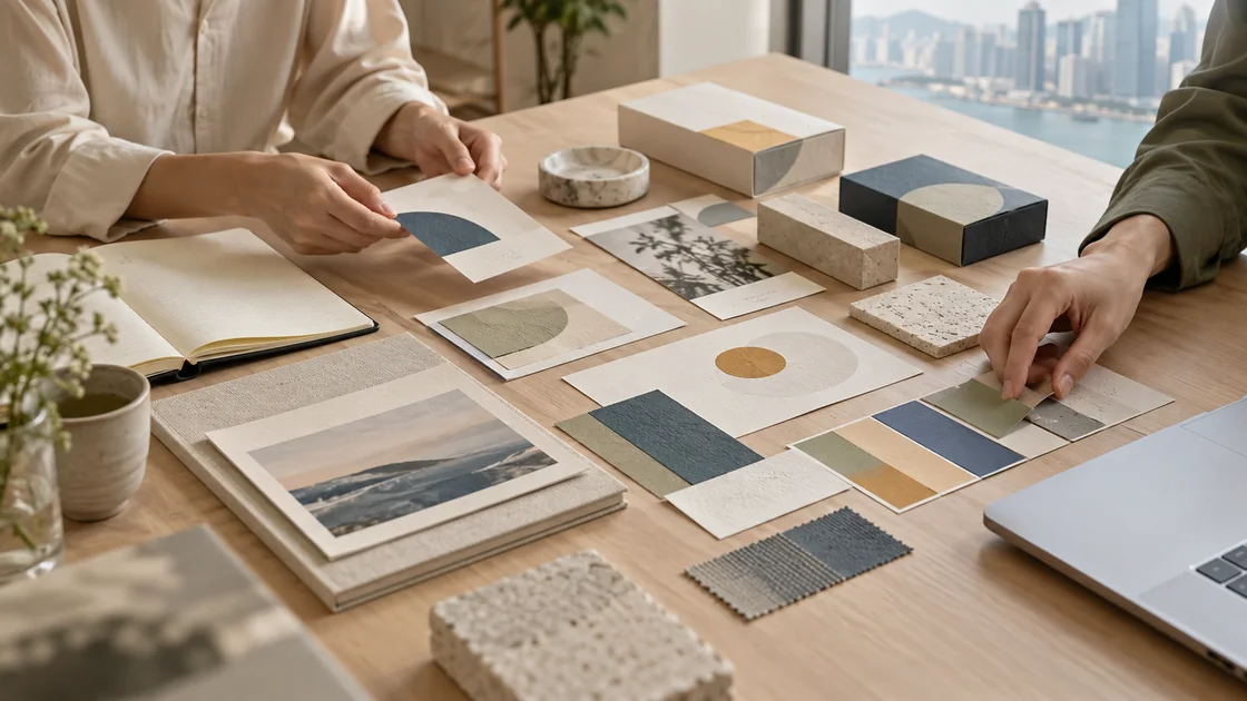 Brand identity workshop with colour swatches, stationery and packaging samples