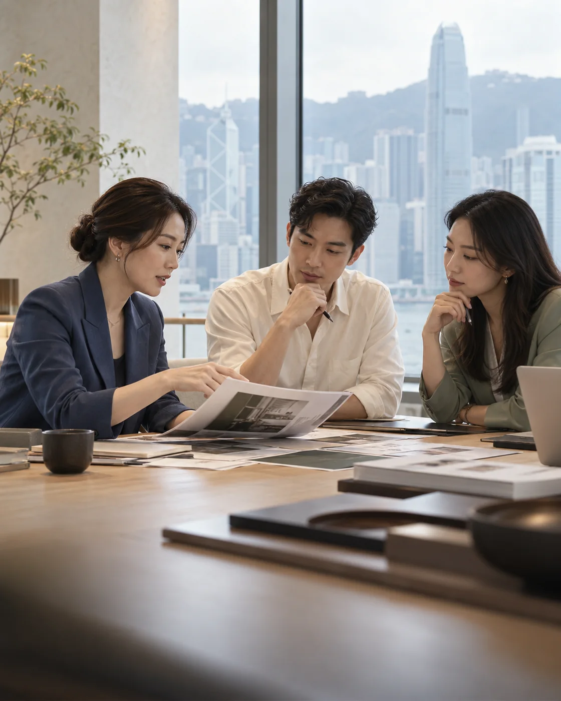 Three Asian professionals discussing brand materials in a Hong Kong meeting room