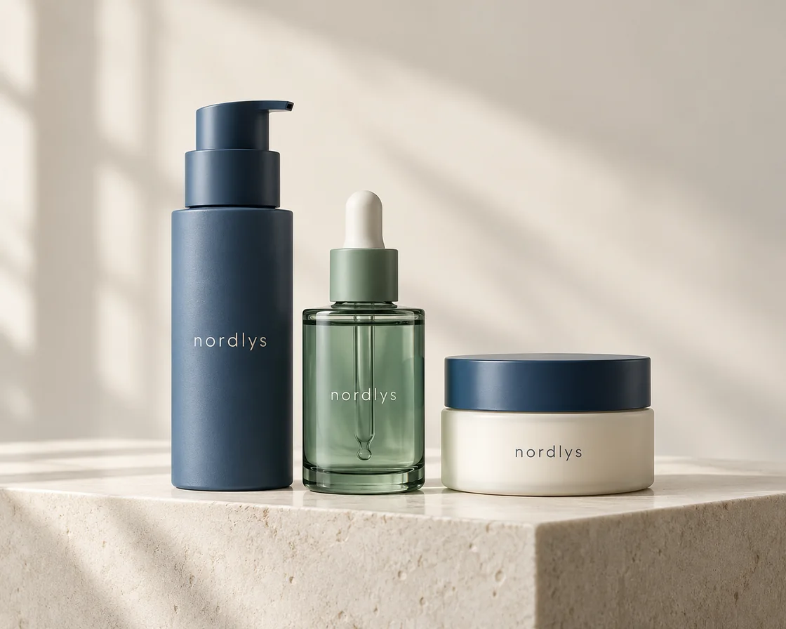 Nordlys skincare packaging concept in slate blue, sage and ivory